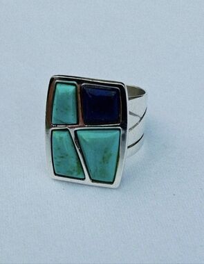 Vintage Jay King DTR Turquoise Lapis Mosaic Inlay Ring Sterling Silver 925